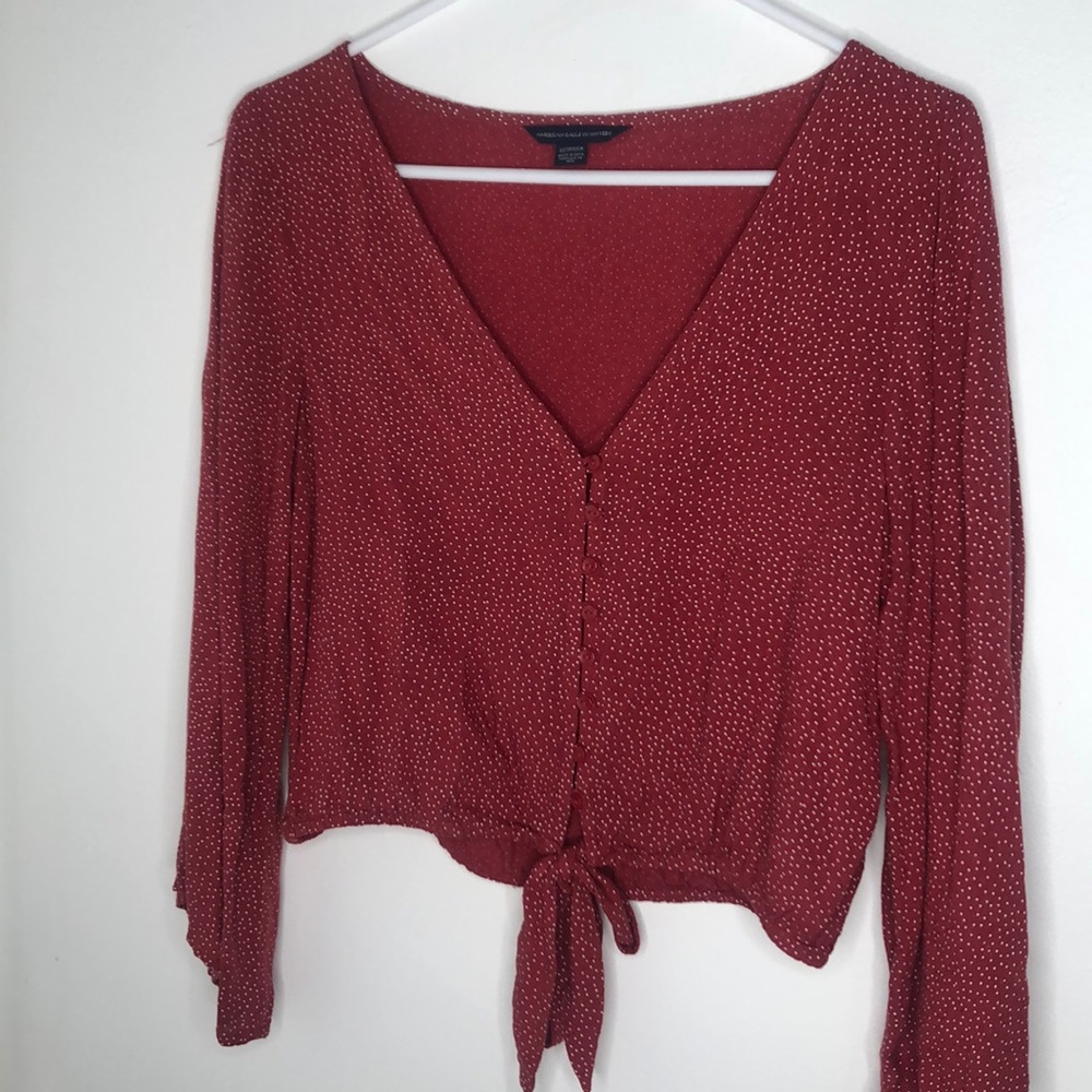 Red button & tie blouse with flare sleeves